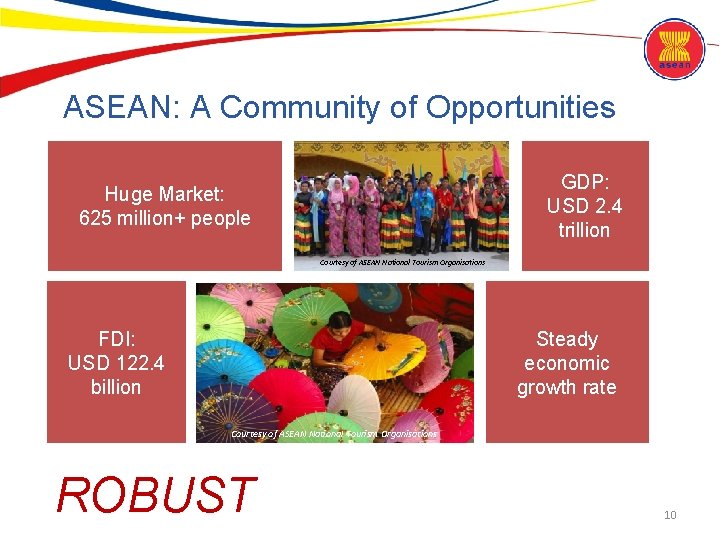 ASEAN: A Community of Opportunities GDP: USD 2. 4 trillion Huge Market: 625 million+