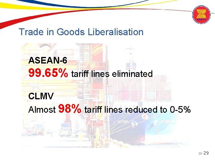 Trade in Goods Liberalisation ASEAN-6 99. 65% tariff lines eliminated CLMV Almost 98% tariff