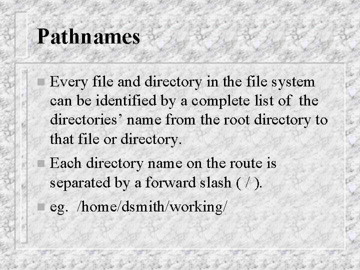 Pathnames n Every file and directory in the file system can be identified by