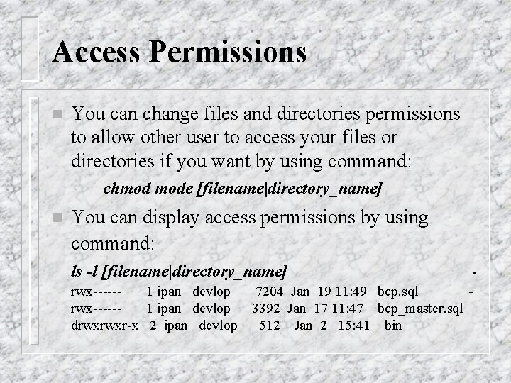 Access Permissions n You can change files and directories permissions to allow other user