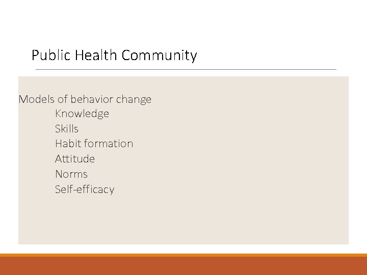 Public Health Community Models of behavior change Knowledge Skills Habit formation Attitude Norms Self-efficacy
