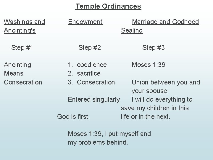 Temple Ordinances Washings and Anointing's Endowment Step #1 Step #2 Anointing Means Consecration 1.