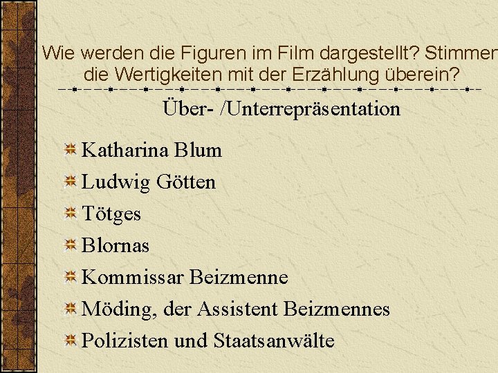 Wie werden die Figuren im Film dargestellt? Stimmen die Wertigkeiten mit der Erzählung überein?