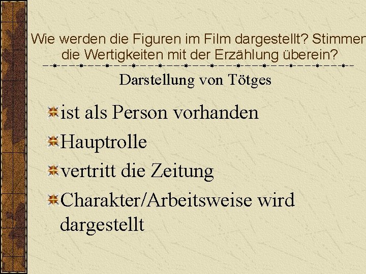 Wie werden die Figuren im Film dargestellt? Stimmen die Wertigkeiten mit der Erzählung überein?