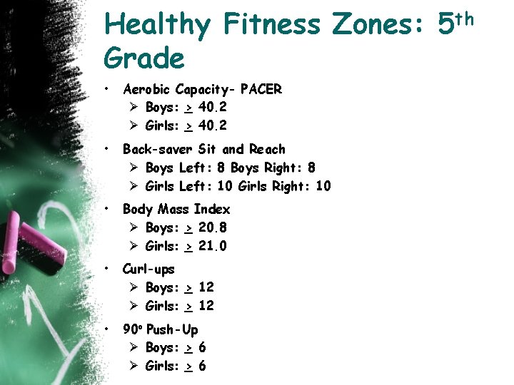 Healthy Fitness Zones: 5 th Grade • Aerobic Capacity- PACER Ø Boys: > 40.