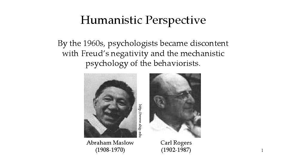 Humanistic Perspective By the 1960 s, psychologists became discontent with Freud’s negativity and the