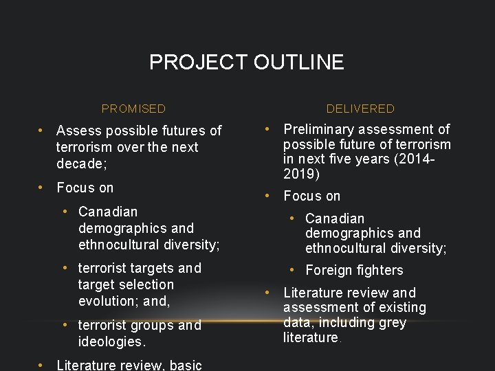 PROJECT OUTLINE PROMISED • Assess possible futures of terrorism over the next decade; •