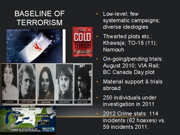 BASELINE OF TERRORISM • Low level; few systematic campaigns; diverse ideologies • Thwarted plots