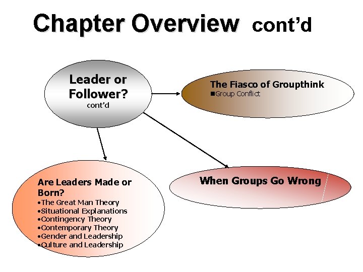 Chapter Overview cont’d Leader or Follower? The Fiasco of Groupthink n. Group Conflict cont’d