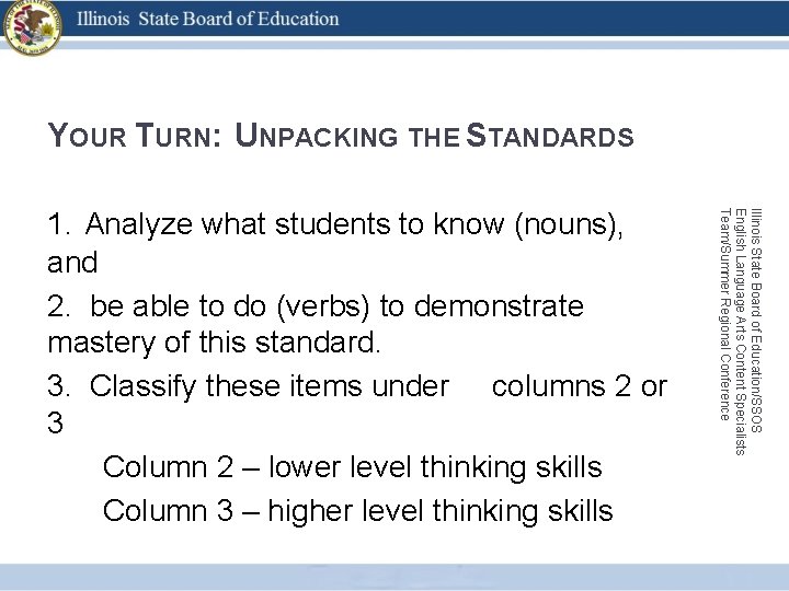 YOUR TURN: UNPACKING THE STANDARDS Illinois State Board of Education/SSOS English Language Arts Content