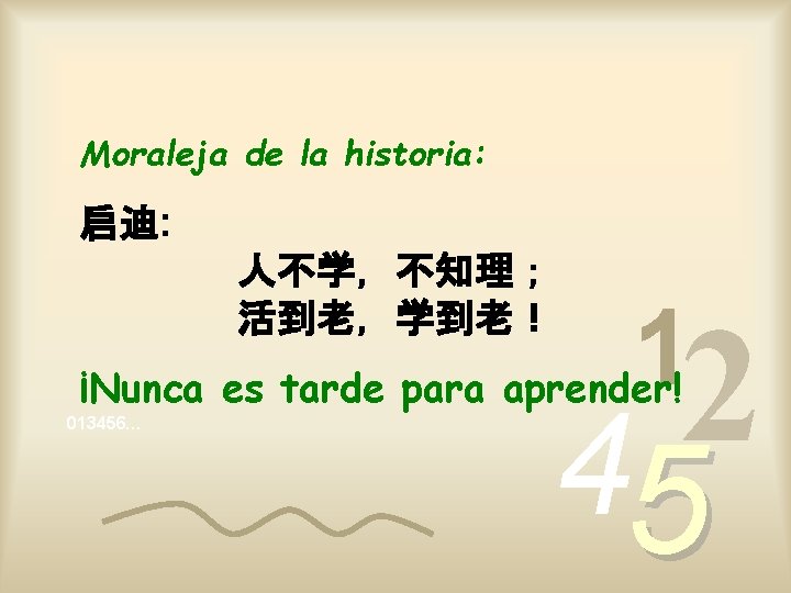 Moraleja de la historia: 启迪: 人不学，不知理； 活到老，学到老！ 1 2 4 ¡Nunca es tarde para