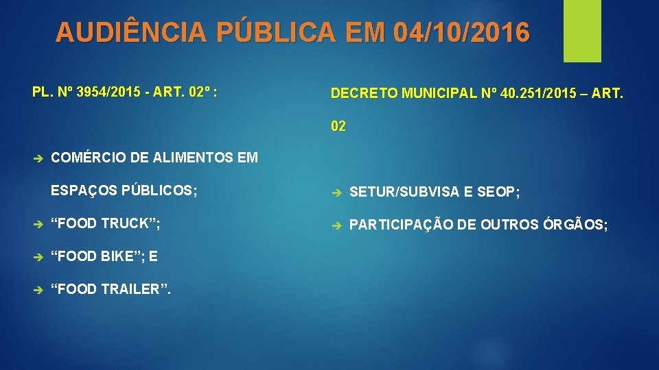 AUDIÊNCIA PÚBLICA EM 04/10/2016 PL. Nº 3954/2015 - ART. 02º : DECRETO MUNICIPAL Nº