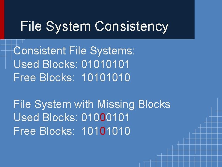 File System Consistency Consistent File Systems: Used Blocks: 0101 Free Blocks: 1010 File System File System Consistency Consistent File Systems: Used Blocks: 0101 Free Blocks: 1010 File System