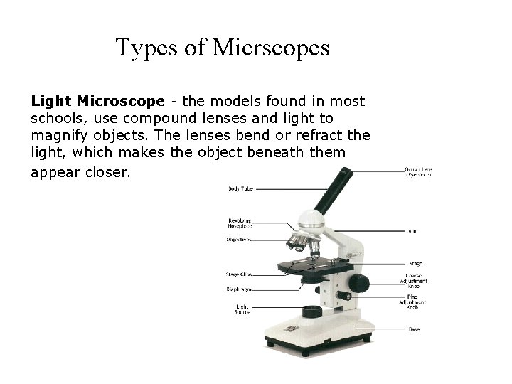 Types of Micrscopes Light Microscope - the models found in most schools, use compound