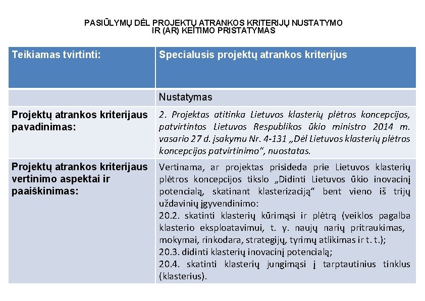 PASIŪLYMŲ DĖL PROJEKTŲ ATRANKOS KRITERIJŲ NUSTATYMO IR (AR) KEITIMO PRISTATYMAS Teikiamas tvirtinti: Specialusis projektų