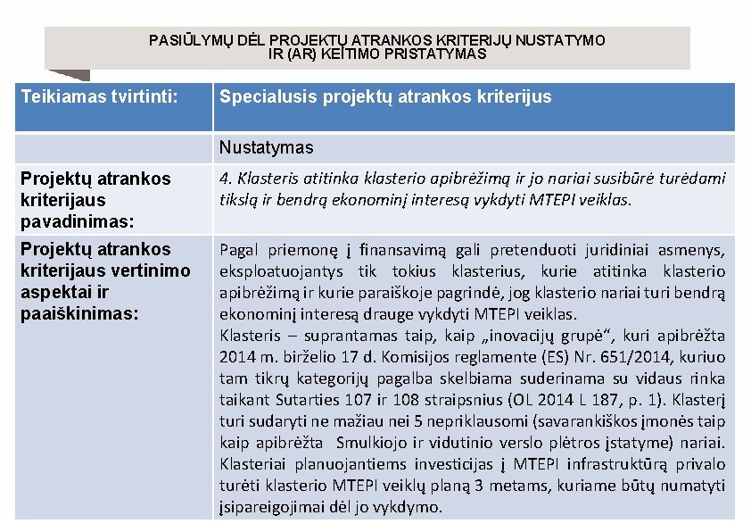 PASIŪLYMŲ DĖL PROJEKTŲ ATRANKOS KRITERIJŲ NUSTATYMO IR (AR) KEITIMO PRISTATYMAS Teikiamas tvirtinti: Specialusis projektų