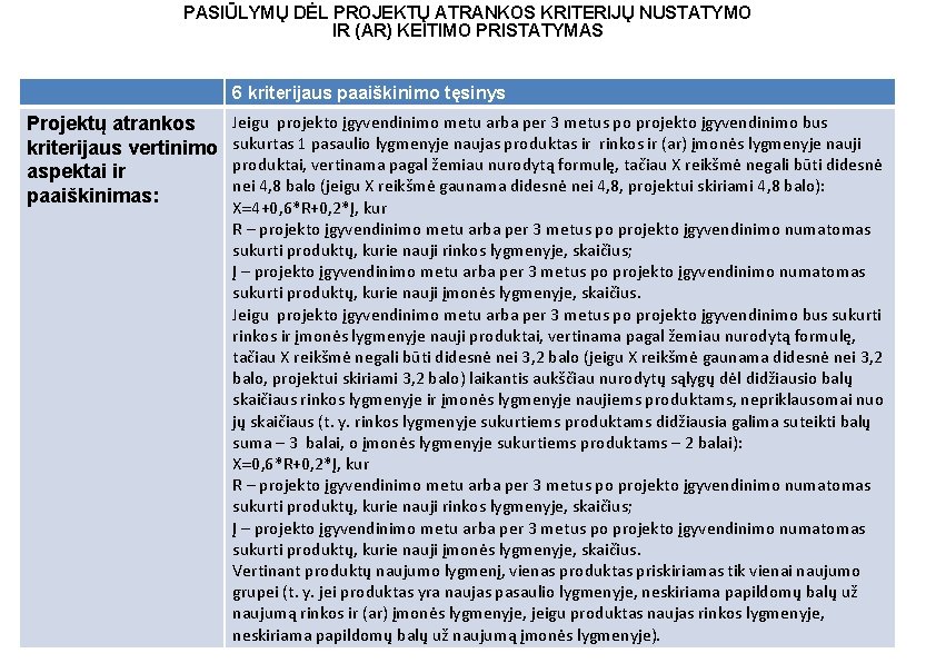 PASIŪLYMŲ DĖL PROJEKTŲ ATRANKOS KRITERIJŲ NUSTATYMO IR (AR) KEITIMO PRISTATYMAS 6 kriterijaus paaiškinimo tęsinys