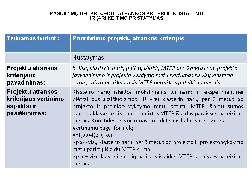 PASIŪLYMŲ DĖL PROJEKTŲ ATRANKOS KRITERIJŲ NUSTATYMO IR (AR) KEITIMO PRISTATYMAS Teikiamas tvirtinti: Prioritetinis projektų