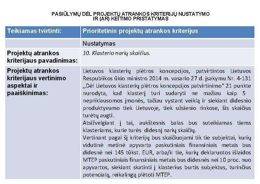 PASIŪLYMŲ DĖL PROJEKTŲ ATRANKOS KRITERIJŲ NUSTATYMO IR (AR) KEITIMO PRISTATYMAS Teikiamas tvirtinti: Prioritetinis projektų