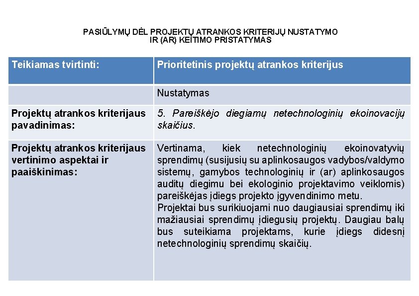 PASIŪLYMŲ DĖL PROJEKTŲ ATRANKOS KRITERIJŲ NUSTATYMO IR (AR) KEITIMO PRISTATYMAS Teikiamas tvirtinti: Prioritetinis projektų