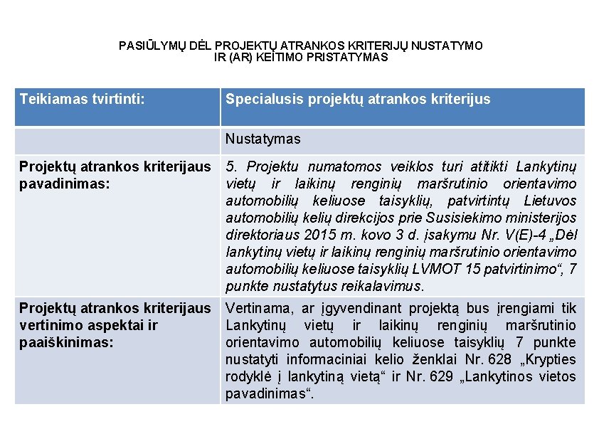 PASIŪLYMŲ DĖL PROJEKTŲ ATRANKOS KRITERIJŲ NUSTATYMO IR (AR) KEITIMO PRISTATYMAS Teikiamas tvirtinti: Specialusis projektų