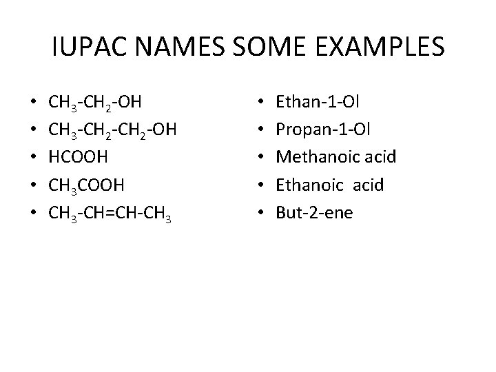 IUPAC NAMES SOME EXAMPLES • • • CH 3 -CH 2 -OH HCOOH CH