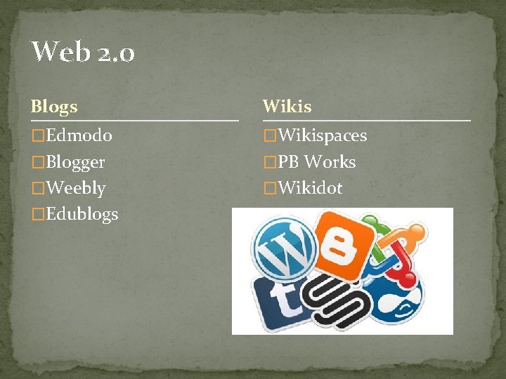 Web 2. 0 Blogs Wikis �Edmodo �Wikispaces �Blogger �PB Works �Weebly �Wikidot �Edublogs 