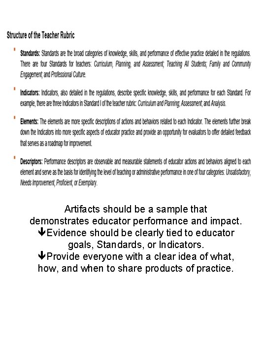 Artifacts should be a sample that demonstrates educator performance and impact. Evidence should be Artifacts should be a sample that demonstrates educator performance and impact. Evidence should be