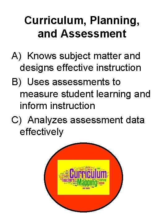 Curriculum, Planning, and Assessment A) Knows subject matter and designs effective instruction B) Uses Curriculum, Planning, and Assessment A) Knows subject matter and designs effective instruction B) Uses