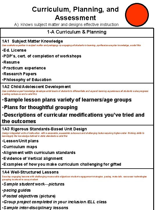 Curriculum, Planning, and Assessment A) Knows subject matter and designs effective instruction 1 -A Curriculum, Planning, and Assessment A) Knows subject matter and designs effective instruction 1 -A
