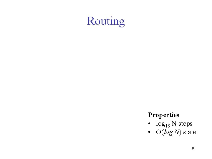 Routing Properties • log 16 N steps • O(log N) state 9 