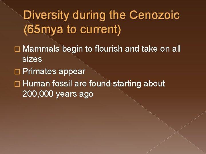 Diversity during the Cenozoic (65 mya to current) � Mammals begin to flourish and