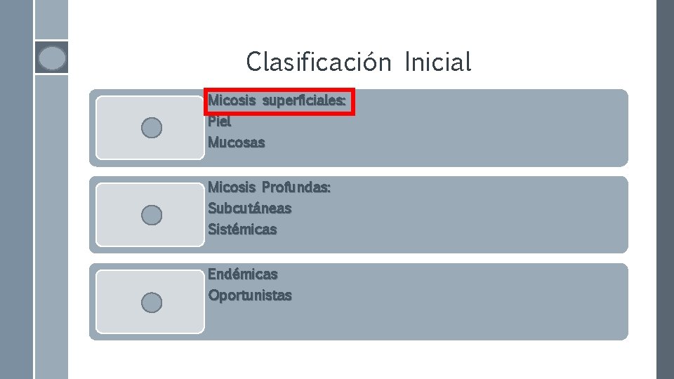 Clasificación Inicial Micosis superficiales: Piel Mucosas Micosis Profundas: Subcutáneas Sistémicas Endémicas Oportunistas 