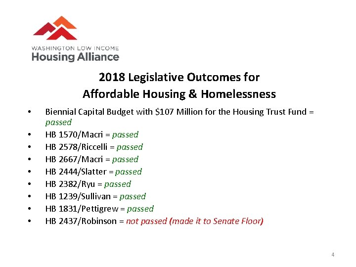 2018 Legislative Outcomes for Affordable Housing & Homelessness • • • Biennial Capital Budget