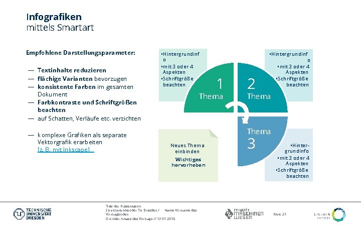 Infografiken mittels Smartart Empfohlene Darstellungsparameter: — Textinhalte reduzieren — flächige Varianten bevorzugen — konsistente