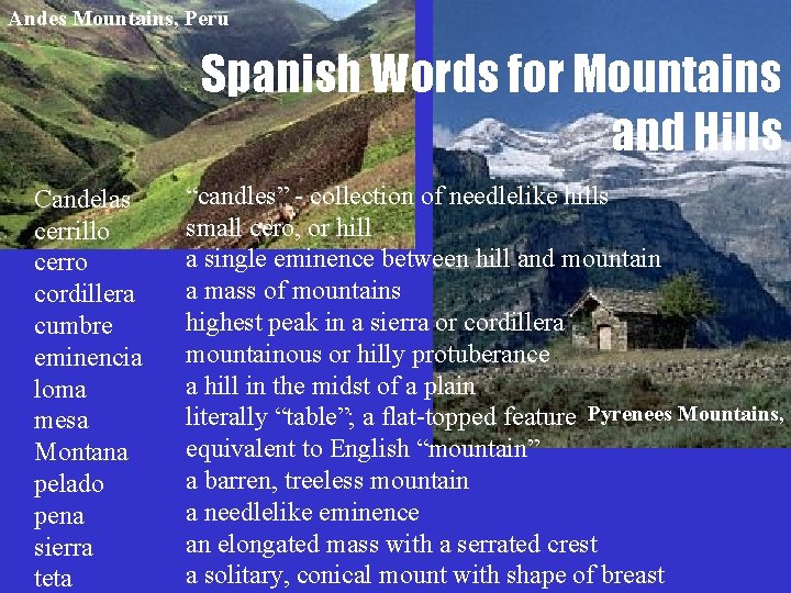 Andes Mountains, Peru Spanish Words for Mountains and Hills Candelas cerrillo cerro cordillera cumbre