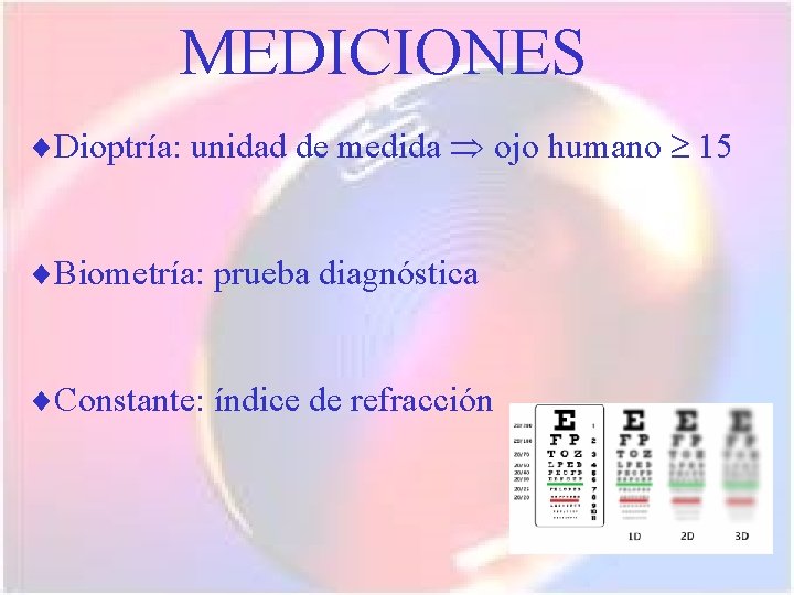 MEDICIONES Dioptría: unidad de medida ojo humano 15 Biometría: prueba diagnóstica Constante: índice de