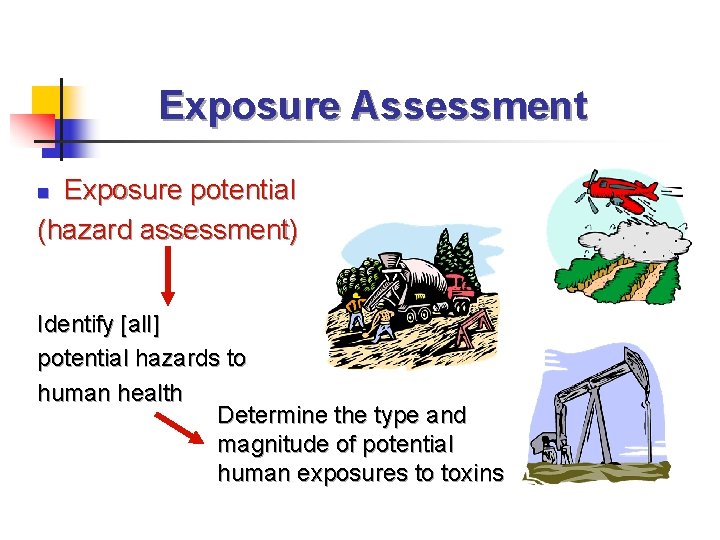Exposure Assessment Exposure potential (hazard assessment) n Identify [all] potential hazards to human health