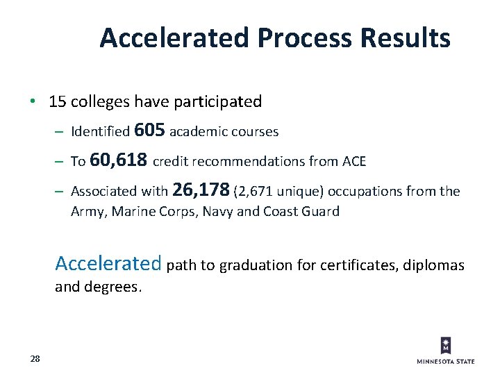 Accelerated Process Results • 15 colleges have participated – Identified 605 academic courses –