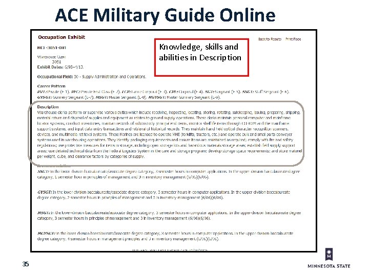 ACE Military Guide Online Knowledge, skills and abilities in Description 35 