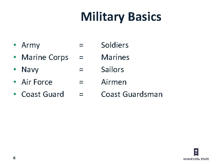 Military Basics • • • 6 Army Marine Corps Navy Air Force Coast Guard