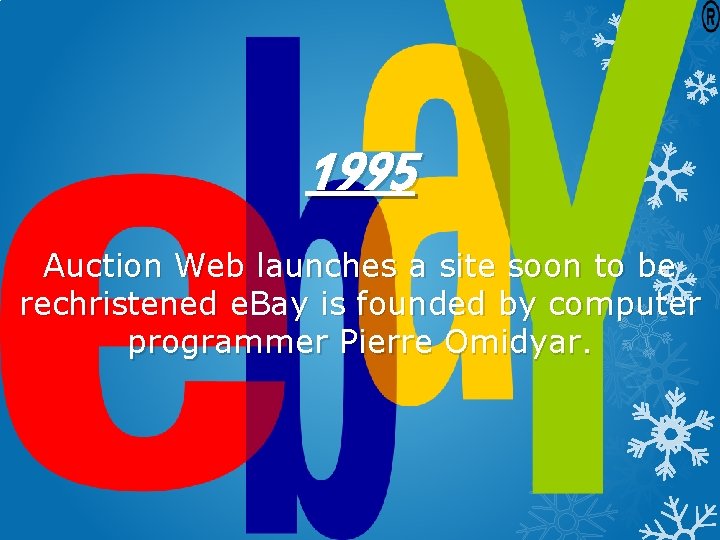 1995 Auction Web launches a site soon to be rechristened e. Bay is founded