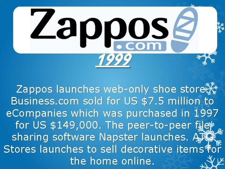 1999 Zappos launches web-only shoe store. Business. com sold for US $7. 5 million