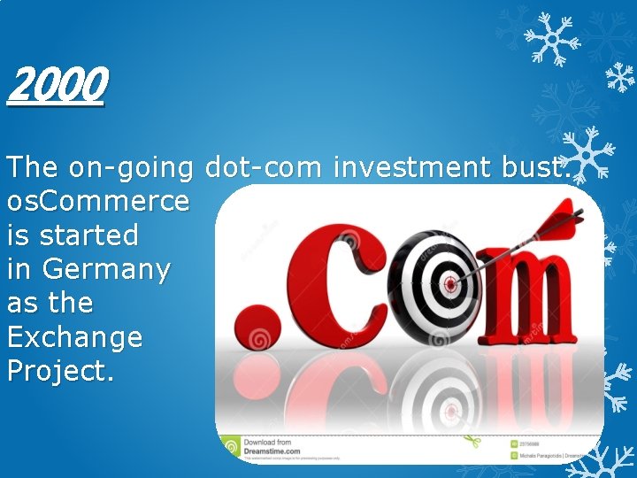2000 The on-going dot-com investment bust. os. Commerce is started in Germany as the