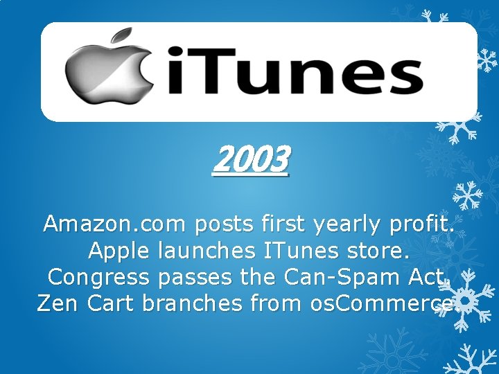 2003 Amazon. com posts first yearly profit. Apple launches ITunes store. Congress passes the