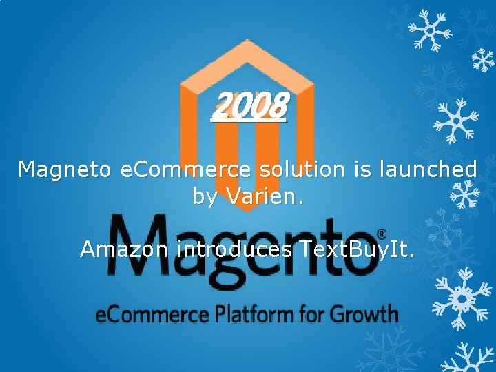 2008 Magneto e. Commerce solution is launched by Varien. Amazon introduces Text. Buy. It.