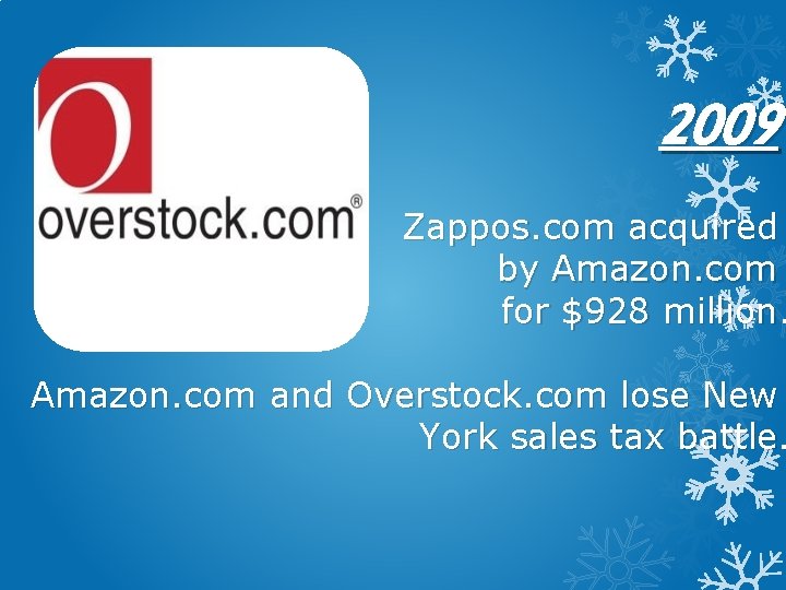 2009 Zappos. com acquired by Amazon. com for $928 million. Amazon. com and Overstock.