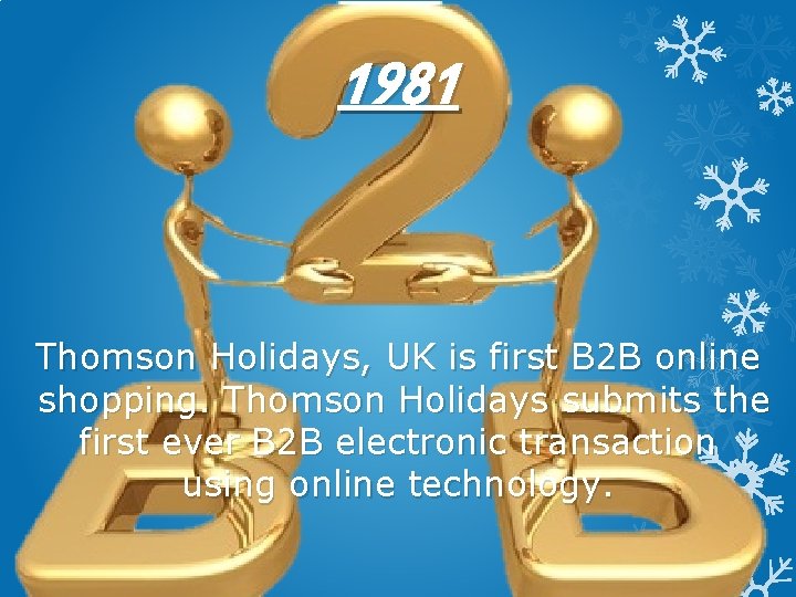 1981 Thomson Holidays, UK is first B 2 B online shopping. Thomson Holidays submits