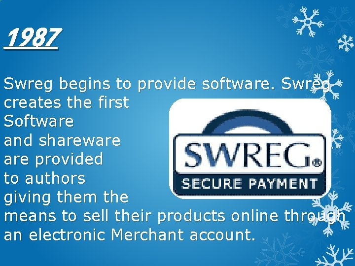 1987 Swreg begins to provide software. Swreg creates the first Software and shareware provided