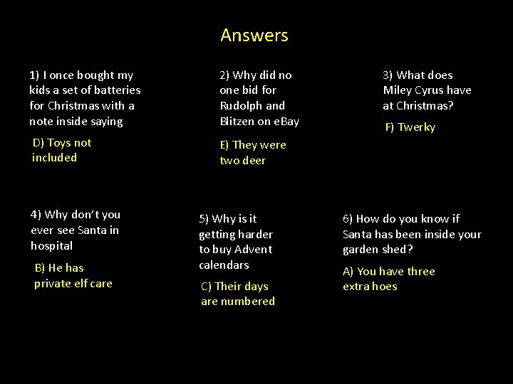 Answers 1) I once bought my kids a set of batteries for Christmas with